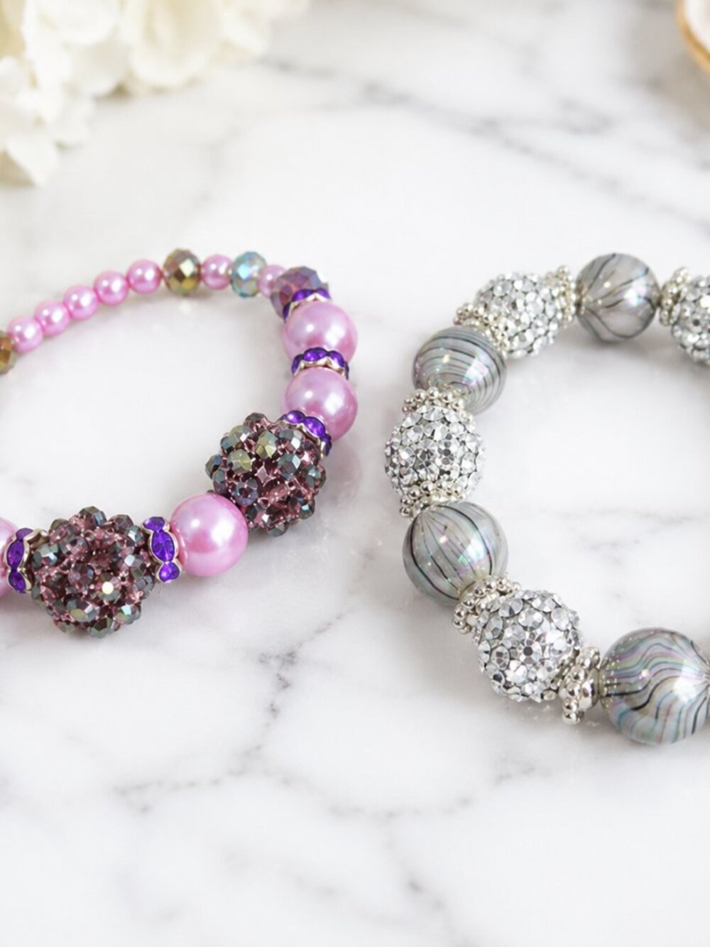Handmade Stretch Beaded Bracelet Set Pink Purple & Silver Gray Sparkle - Picture 2 of 9